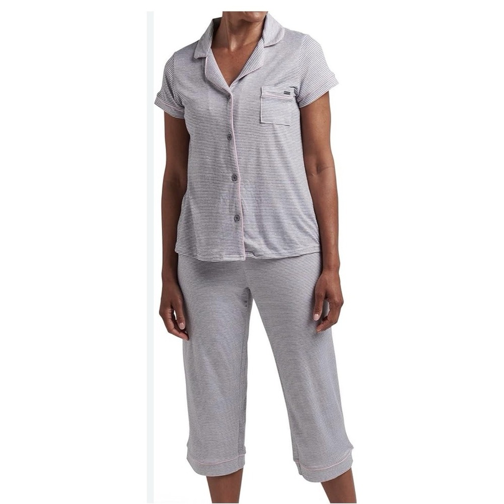 TAHARI Super soft & Cozy 2 PC Pajama Set In Grey & White Pink Trim Size M - Picture 1 of 11